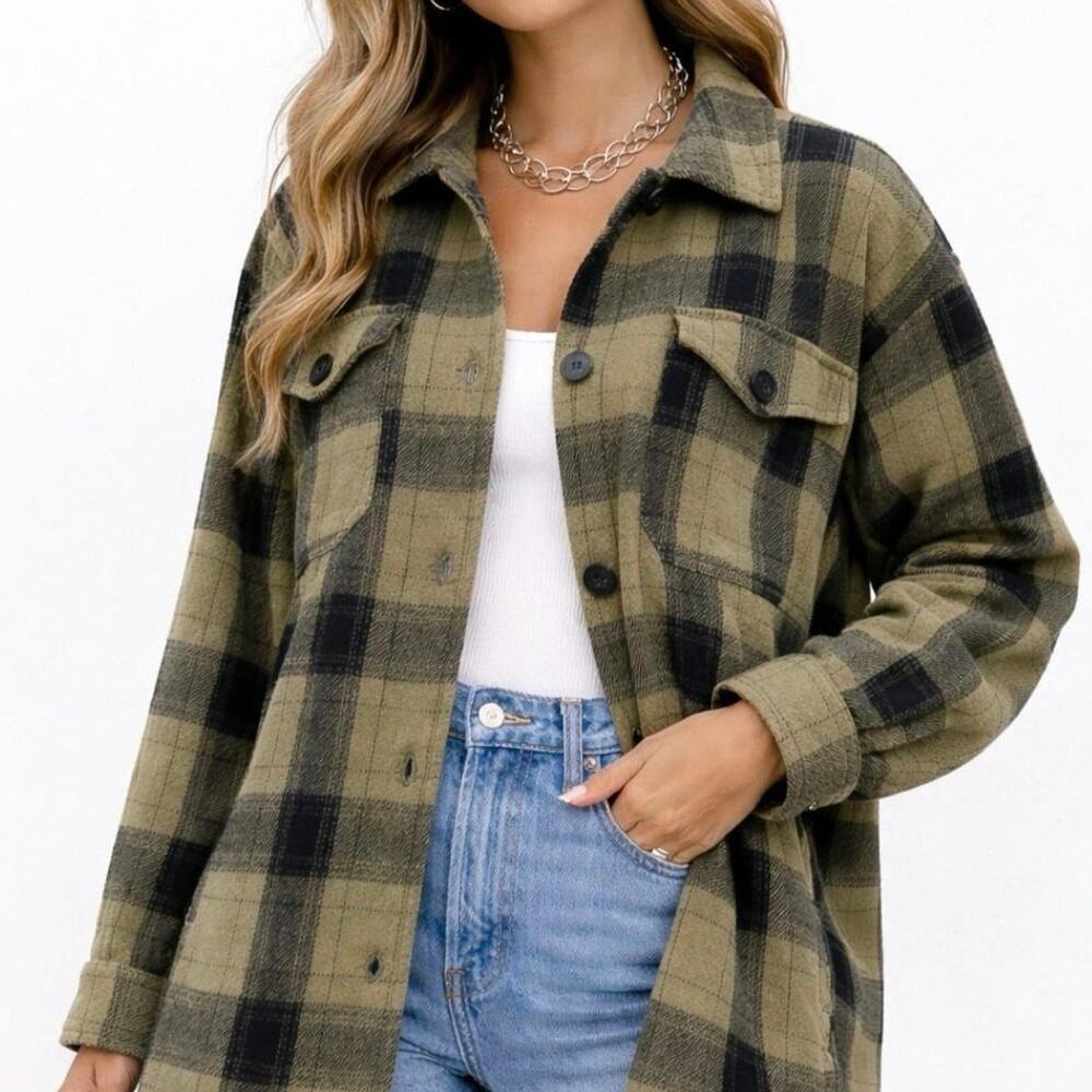 LUCKY BRAND Olive Green Black Plaid Flannel Shacket Grunge Utility - Sz Large